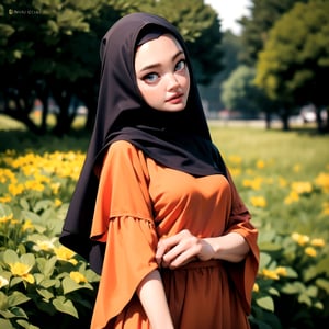 lady, 25 years old, hijab, modest, graceful, delicate face, perfect, royal, random color dress, random aesthetic outdoor background, loose clothes,exposure blend, cowboy shot, bokeh, (hdr:1.4), high contrast, (cinematic, teal and orange:0.85), (muted colors, dim colors, soothing tones:1.3), low saturation, dramatic pose, upper body, mature face,gamis, smile, aesthetic,perfecteyes, looking at viewer,((angelina jolie))