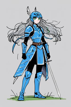 1girl, solo, braid, armor, armored dress, blue armor, feathers, green eyes, grey hair, helmet, long hair, sketch, standing, sword, valkyrie, weapon