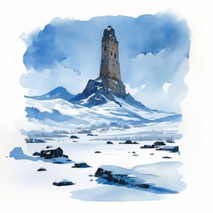 Fantasy realistic watercolor painting art of an icy wasteland full of snow with mountains in the background. A tall stone tower rises into the cloudless sky off in the distance. Background is watercolor splotches