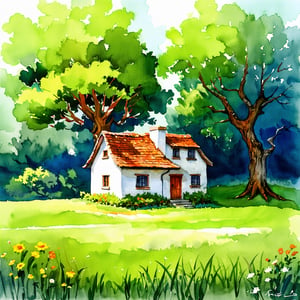 Fantasy realistic watercolor painting art of small house and big tree beside
