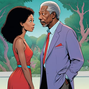 Morgan Freeman with his one negro wife, facing away from the viewer (in the combined style of Mœbius and french comics), (minimal vector:1.1), background at zoo