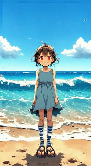 Character: A girl is standing on the beach wearing a light dress. Her hairstyle is random and blows in the wind. She stares at the viewer with her red eyes, smiling and blushing. Her knee socks are striped and she wears flip-flops.

Background: The blue sea and white sand beach, and the blue sky in the distance. The waves gently roll in and out, giving off a pleasant ocean scent.

Camera perspective: The shot is taken from diagonally in front of the girl, capturing her entire body and the expanse of the ocean. A slightly above-down perspective emphasizes her facial expression and the beauty of the background.,Coquettish Anime,rawgritsketches, in the style of t0k