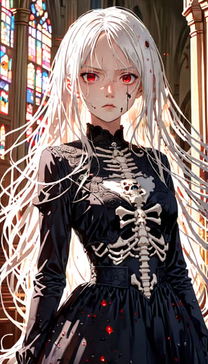 cinematic lighting, ((best quality)),((single_human_girl)),((((upper_body)))),((extremely_detailed_eyes_and_face)),((church)),((annoyed)),((ink)),((illustration)),depth of field,((frown)),((expression)),((red_eyes)),((((white_hair)))),((extremely detailed)),((watercolor)),((anime face)),(skull_on_dress),(((yokozuwari))),((detailed_skeleton_church)),(((beautiful_detailed_black_gothic_Empire_Waist_Dress))),(((dramatic_angle))),medium_breast,(8k_wallpaper),((bright_eyes)), (looking_at_viewers),((close_to_viewers)),((masterpiece)),(((((messy_long_hair))))),((((1girl)))),lens_flare,light_leaks, (((((lust face))))) 