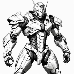 ((best quality)), ((masterpiece)), (ultra-detailed), an Generate hyper realistic image of the Dreadnova Chaosbringer, Picture this villain in an otherworldly suit of armor,Mecha,black and white, white background, thick outline, colorless,Coloring Book,ColoringBookAF