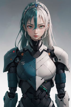 shodanSS_soul3142, 1boy, solo, green eyes, glowing eyes, robot joints, long hair, looking at viewer, glowing, green hair, grey skin, android, colored skin,tiara
