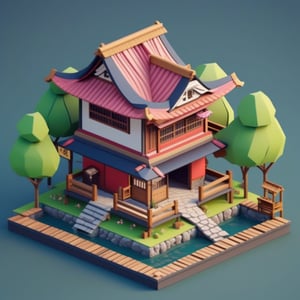 cute 3D isometric model of ninja house | blender render engine niji 5 style expressive,3d isometric,3d style,