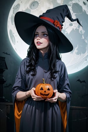 (best quality,4k,8k,highres,masterpiece:1.2),ultra-detailed,(realistic,photorealistic,photo-realistic:1.37),creepy,spooky,halloween theme,anime girl,halloween makeup,detailed eyes,detailed lips,long eyelashes,wavy black hair,evil smile,bloody red lipstick,gloomy atmosphere,haunted background,glowing pumpkin,witch hat,black robe,eerie lighting,horror anime style,dark purple color palette,ghostly aura,scary expression,menacing grin,sinister vibe,gothic aesthetic,witchcraft,witchy vibes,cobwebs,spellbook,curled horns,witchy cat,full moon,haunted mansion,trick or treat,spider webs,creepy crawlies,nightmare fuel,alessa,dinda