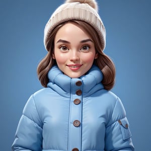 Create a realistic 3D woman, ch3ls3a, caricature, 3D oil painting caricature, wearing (winter clothes), resembling, (random contrast) solid background, medium shot,