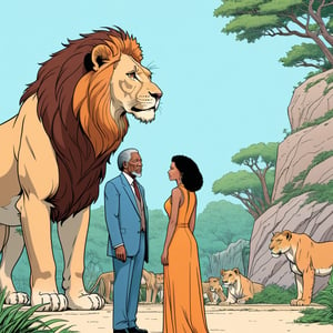 Morgan Freeman with his one wife, background lion inside zoo, facing away from the viewer (in the combined style of Mœbius and french comics), (minimal vector:1.1)