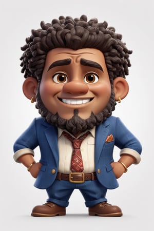(full body) Tribal version mascot of cute and cubby,   cool expression, american clothes, background america flag, the old man pose refuse sign, refuse pose, masterpiece artwork, white accent, detailed face features, brown eyes, dark skin, curly hair sharp eyes, extremely detailed, intricate details, muted color scheme, subtle gradients, photorealistic, 8k, 3d style