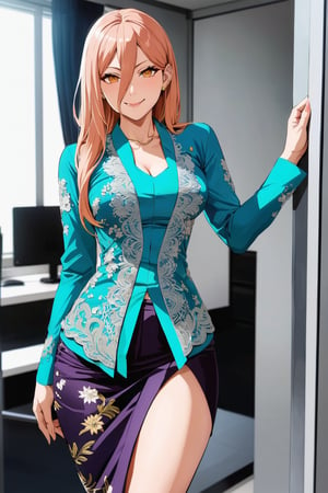 ( kebaya )   ,  at office , smile , necktie , sloppy  ,
( masterpiece , ultra Detailed   , ultra Detailed groin ,  ANIME style ) ,
power \(chainsaw man\)