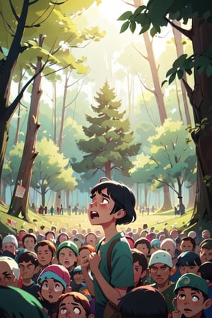 (illustration of crowd people cry ), background at the forest, looked from afar, art by Atey Ghailan,masterpieece