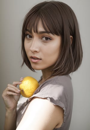 realistic,1girl,solo,short hair,realistic,food,fruit,lips,looking at viewer,black hair,holding,black eyes,upper body,bob cut,lemon,brown hair,brown eyes,grey background,holding fruit, (perfect face: 1.3), (face details: 1.3), beautiful glistening eyes, (tasty breasts: 1.3), sweeping circling composition, masterpiece, nsfw, 8k,