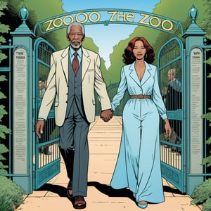 Morgan Freeman with his one wife, holding hands, entering zoo,  gate with text "ZOO", (in the combined style of Mœbius and french comics), (minimal vector:1.1)