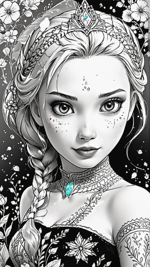 frozen princess elsa themes coloring book,black and white, for kids, best quality, ultra detailed, photorealistic, high quality, high resolution, super detailed, drwbk coloring book drawing