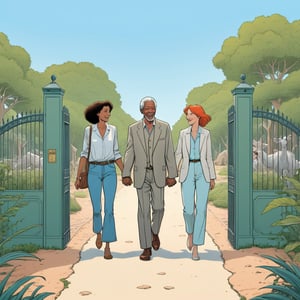 A happy couple entering a zoo, the man is Morgan Freeman, holding hands, seen from drone, (in the combined style of Mœbius and french comics), (minimal vector:1.1), simple background,