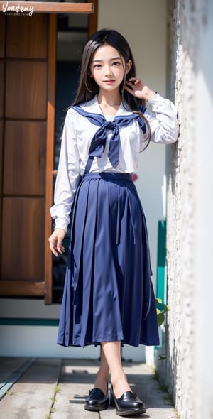 Realistic, 1women (masterpiece 1.2), japanese teen top model, 17 years old, (ultra Max high quality 1.2), (high_resolution 4k), (high detailed face), small mole under left eye, at school, japanese sailor school uniform, white long sleeve shirt, navy blue pleated long skirt, small breasts, seductive smile,  showing long legs