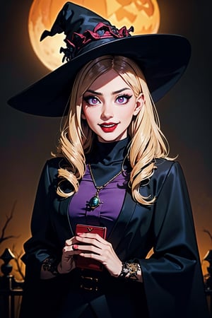 (best quality,4k,8k,highres,masterpiece:1.2),ultra-detailed,(realistic,photorealistic,photo-realistic:1.37),creepy,spooky,halloween theme,anime girl,halloween makeup,detailed eyes,detailed lips,long eyelashes,wavy black hair,evil smile,bloody red lipstick,gloomy atmosphere,haunted background,glowing pumpkin,witch hat,black robe,eerie lighting,horror anime style,dark purple color palette,ghostly aura,scary expression,menacing grin,sinister vibe,gothic aesthetic,witchcraft,witchy vibes,cobwebs,spellbook,curled horns,witchy cat,full moon,haunted mansion,trick or treat,spider webs,creepy crawlies,nightmare fuel,gheayoubi