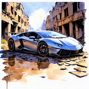 Fantasy realistic watercolor painting art of lamborghini trapped at abandon city, Obsolete, neglected, wrecks, faded, ugly, broken, damaged, destroyed