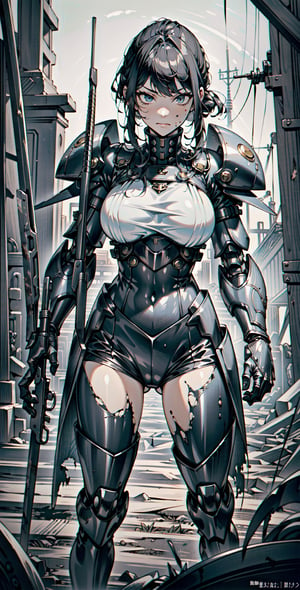 Realistic, (masterpiece 1.4), torn at breast armor, (Ultra HD quality), (8k HDR quality), 1girl, Iron-samurai knight Armour, underboob armor, hitech armour, Hi-Tech web shooter, erotic look, dark background, large rounded breast ,mecha musume, (visible thigh, visible navel), torn armor, dirty armor, ripped armor, broken armor, cracked armor, bloody armor, wounded face, bloody face, dirty face, standing pose with related weapon, 

,BBYORF,greek clothes,peplos