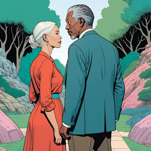 Morgan Freeman with his one wife, facing away from the viewer (in the combined style of Mœbius and french comics), (minimal vector:1.1), background at zoo