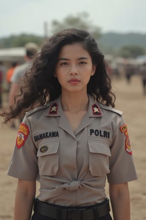 Asian yong woman with curly long hair stand in the foreground of battlefield, wearing (knotted shirt) polr1 police uniform. the uniform is adorned with The word "HANAKAWA" is embroidered on the left chest, and the word "POLRI" is embroidered on the right chest. Cowboy shot. 