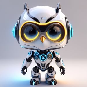 centered, ((solo)), digital art, full body, | cute of robot wearing owl helmet, chibi, black and blue sky futuristic, neon lights, | (white background:1.2), simple background, | (symetrical), glowing eyes, ((text " TA" on body, number " 10 " on chest,)), ,JB64