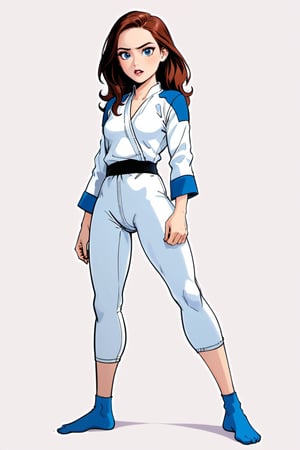 (in the combined style of Mœbius and french comics), (minimal vector:1.1), full shot of woman, ((full body)), simple background, wearing sexy karate suit, DonMM1y4XL, kristen stewart,disney pixar style