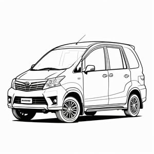 coloring book, bold line art. White and black minimalistic draw coloring page for a toyota avanza. Defined lines. Clean Drawn. Vector, Coloring Page, Bold line art, Coloring Book, Outline, Coloring, Coloring Sheet, Coloring Book, Coloring Page, Black and white, illustration, Draw, drwbk coloring book drawing