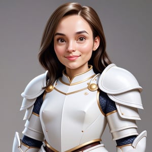 Create a realistic 3D woman,caricature, 3D oil painting caricature, wearing (white armor), resembling, (random contrast) solid background, medium shot,