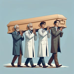 An illustration of 4 people of doctor carrying a coffin with hands, (in the combined style of Mœbius and french comics), (minimal vector:1.1)