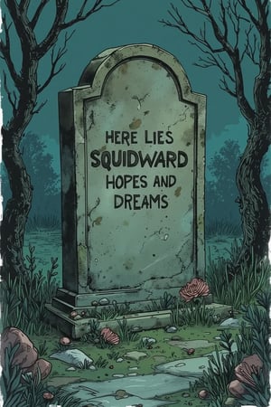 fl4tcol0red, a tombstone with word "here lies squidward hopes and dreams", in the style of t0k,