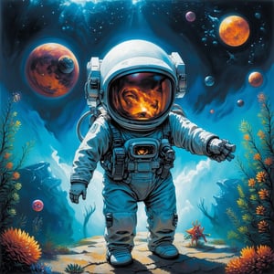A quirky, imaginative illustration of a astronout at deepsea. The overall atmosphere of the image is whimsical, with a touch of surrealism.