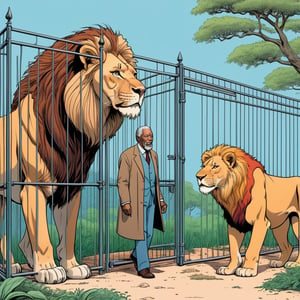 Morgan Freeman with his one wife, entering zoo, look lion from afar, lion inside cage fence, (in the combined style of Mœbius and french comics), (minimal vector:1.1)