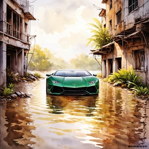Fantasy realistic watercolor painting art of wall of abandon building with flood around, with lamborghini huracan evo trapped 