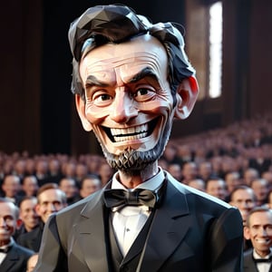 illustration of Abraham Lincoln as motivator wearing black suit, (big smile), background random audience, masterpiece, perfect anatomy, full body, 