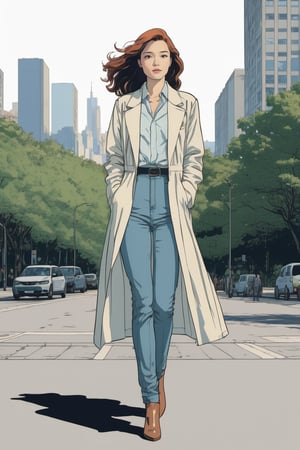 (in the combined style of Mœbius and french comics), (minimal vector:1.1), medium shot of woman, ((full body)), simple background, DonMM1y4XL,makima_v1