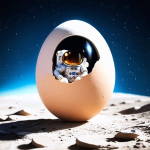 a tiny astronaut hatching from an egg on the moon