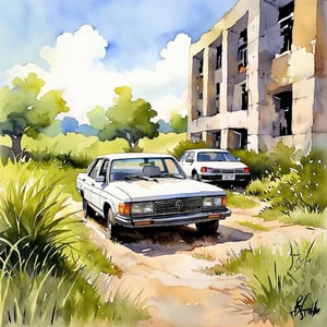 Fantasy realistic watercolor painting art of wall of abandon building with tall grass around, there a vehicle, Obsolete cars, neglected cars, car wrecks, faded cars, ugly cars