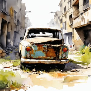 Fantasy realistic watercolor painting art of vehicle trapped at abandon city, Obsolete, neglected, wrecks, faded, ugly, broken, damaged, destroyed
