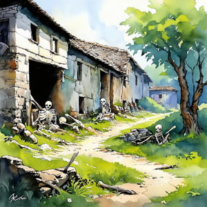 Fantasy realistic watercolor painting art of abandon village, skeleton were scattered around, 