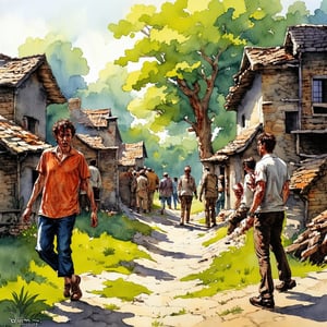 Fantasy realistic watercolor painting art of abandon village, crowd zombie chase camera man 