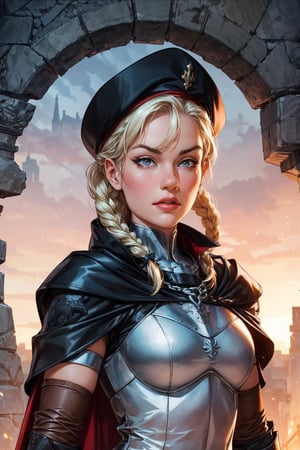 1 girl, adult russian woman, platinum blonde dutch braid, portrait, solo, upper body, looking at viewer, detailed background, detailed face, protector, keeping watch, chainmail armor, leather gauntlets, heraldry,medieval atmosphere, cape, emblem,Sasha Grey,Circle