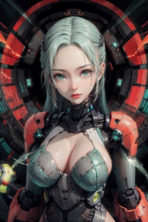 shodanSS_soul3142, 1girl, solo, green eyes, glowing eyes, robot joints, long hair, looking at viewer, glowing, green hair, grey skin, android, colored skin,sagging breasts,SAM YANG,j3s1