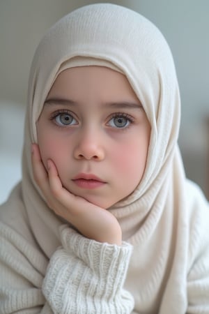 A girl lest1kej0ra with white hijab. She is looking at the viewer with bright and loving eyes. She is leaning forwardal. Close-up of face, very detailed. She is wearing a perfect beige soft sweater in a white bed room. Hasselblad H6D-400c MS, low exposure, high contrast, ISO 100, with a 120mm macro lens.,