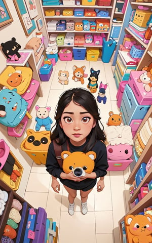 masterpiece, best quality, high detailed, colorful, from above, solo, realistic, girl standing in a store with lots of stuffed animals on the shelves and a bag of stuff, hazel eyes, fisheye lens
,alessa