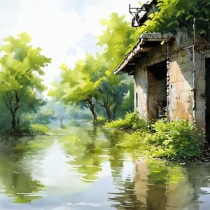 Fantasy realistic watercolor painting art of wall of abandon building with flood around