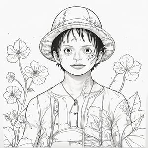 coloring book, bold line art. White and black minimalistic draw coloring page for Monkey Di Luffy. Defined lines. Clean Drawn. Vector, Coloring Page, Bold line art, Coloring Book, Outline, Coloring, Coloring Sheet, Coloring Book, Coloring Page, Black and white, illustration, Draw, drwbk coloring book drawing