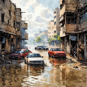 Fantasy realistic watercolor painting art of wall of abandon building with flood around, with vehicles trapped, Obsolete cars, neglected cars, car wrecks