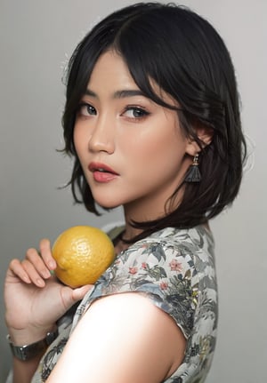 realistic,1girl,solo,short hair,realistic,food,fruit,lips,looking at viewer,black hair,holding,black eyes,upper body,bob cut,lemon,brown hair,brown eyes,grey background,holding fruit, (perfect face: 1.3), (face details: 1.3), beautiful glistening eyes, (tasty breasts: 1.3), sweeping circling composition, masterpiece, nsfw, 8k,mandha